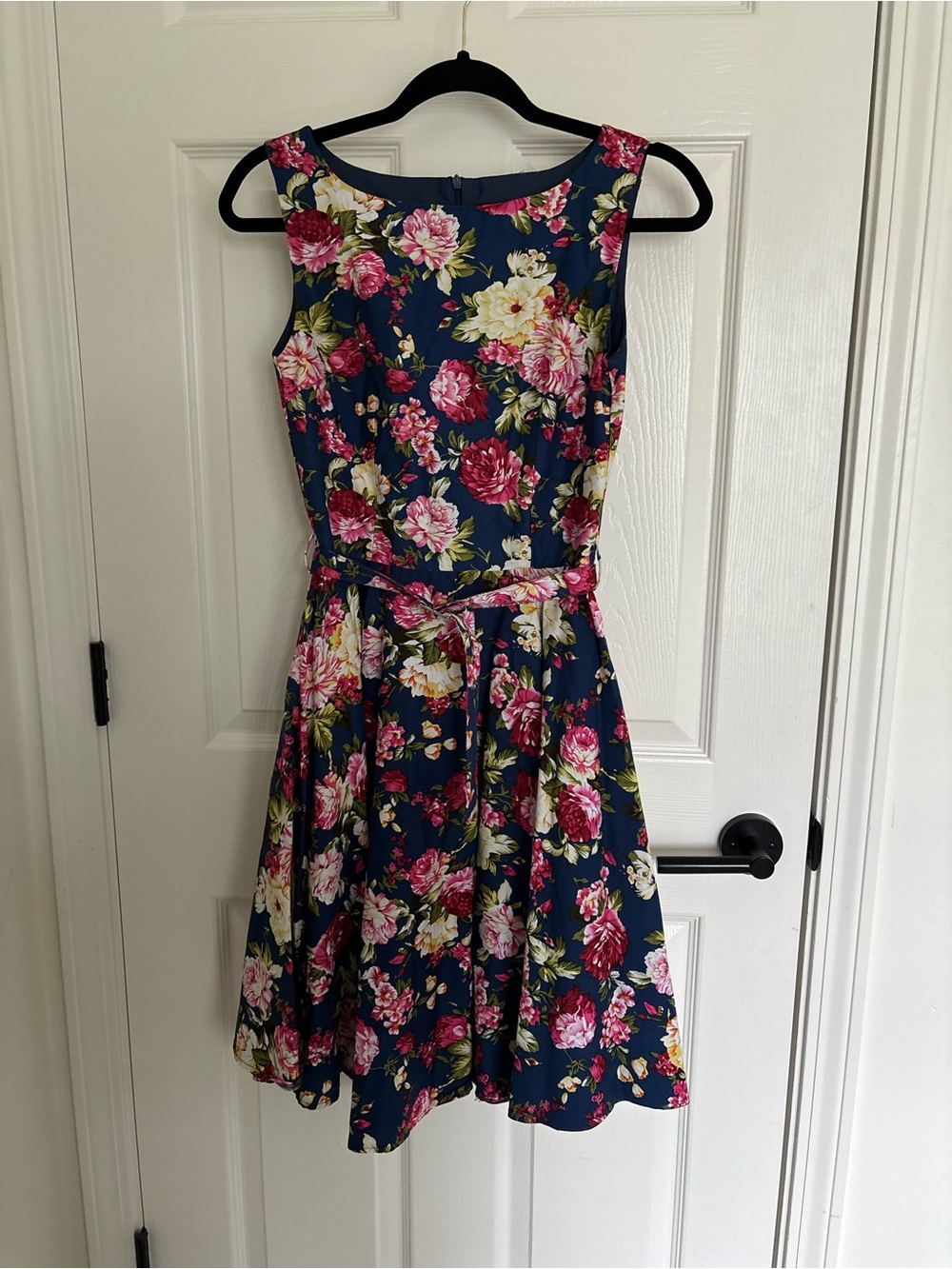 Floral Navy Sleeveless Fit-and-Flare blackbutterfly retro belted Dress flowers